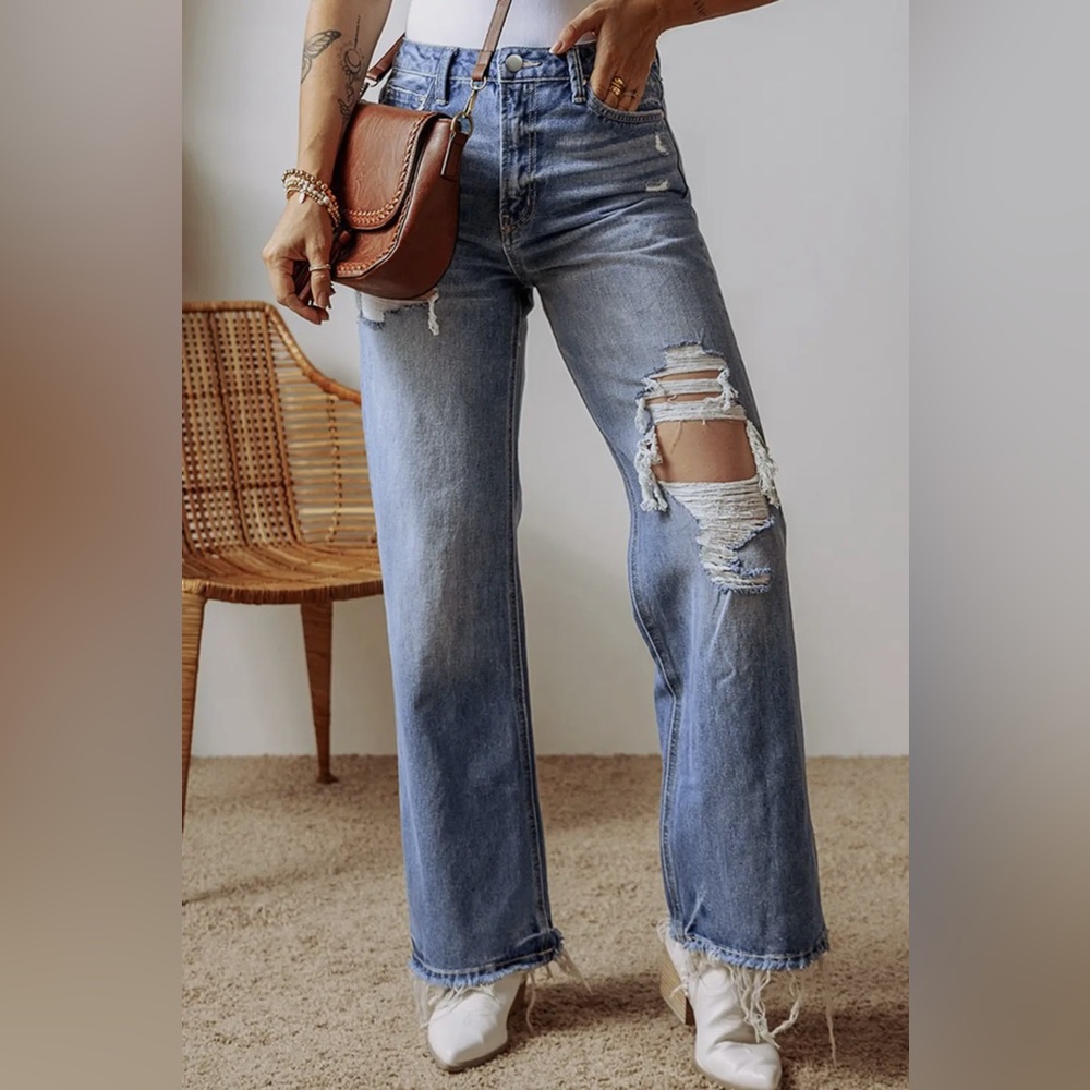 Distressed Raw Hem Straight Leg High
Waist Jeans - Picture 6 of 8